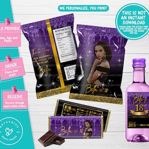 18th Birthday Purple and Gold Custom Party Labels, Chip bag, Candy Bar Label, Mini Wine Label, Custom Party Favors, Digital Labels