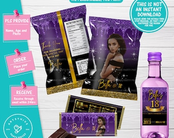 18th Birthday Purple and Gold Custom Party Labels, Custom Chip bag, Custom Candy Bar Label, Custom Mini Wine Label, Digital Labels