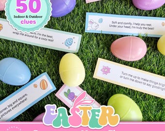 May include: A set of 50 Easter scavenger hunt clue cards with colorful pastel plastic eggs. The cards feature fun rhymes and riddles to help find hidden Easter eggs. The cards are printable and include editable blank cards for creating your own clues.