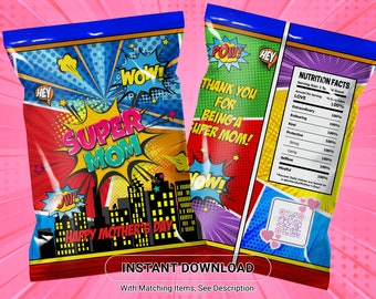 Mother's Day Chip bag Label, Mother's Day Chip Bag Wrapper, Happy Mother's Day Favors, Comic Theme Design,  Instant Download