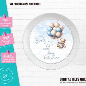 Wir können Bären-Babyparty-Aufladeplatteneinsatz warten, Wir können Bären-Babyparty warten, blauer Teddybär, Teddybär-Babyparty-Etikett, BS-BW01