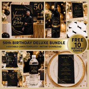 Pakket met bedankjes voor een 50e verjaardag, bewerkbaar Canva-bestand, zwart-gouden welkomstbord, tafelbordje, etiketten + 10 gratis verjaardagsspelletjes, direct te downloaden (M3-bestand)