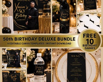 50th Birthday Favors Bundle, Editable Canva, Black and Gold Welcome Sign, table sign, labels + Free 10 Birthday Games, Instant Download M3