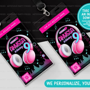 VIP All Access-pas, verjaardagsfeestje dans en muziek, VIP-pas verjaardagsfeest meisje, VIP-verjaardagskaart, digitale download