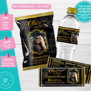 Graduation Party Favors Set of 3,Chip Bags, Candy Bar, water bottle label,Class of 2025, Graduation Party Labels, Graduates 2025, Digital
