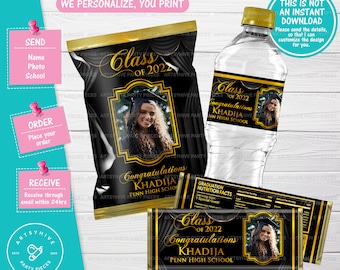 Graduation Party Favors Set of 3,Chip Bags, Candy Bar, water bottle label,Class of 2025, Graduation Party Labels, Graduates 2025, Digital