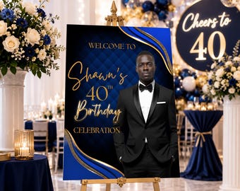 40th Birthday Welcome Sign for Men, Blue and Gold Editable Canva Template, M2BG