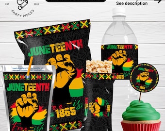 Juneteenth Party Bundle: Chip Bags, Water Bottle Labels, Cupcake Toppers (Digital Download)