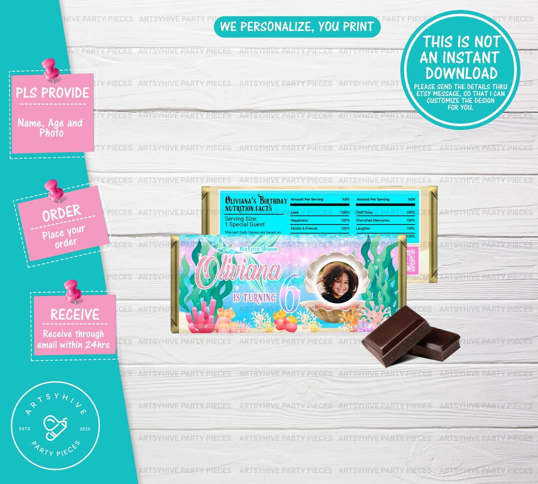 Mermaid Birthday Chocolate Wrapper, Under the Sea Party (digital ...