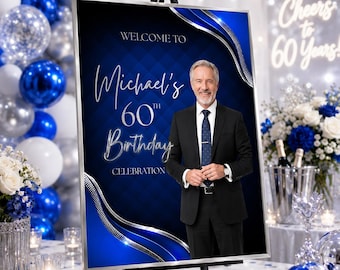 60th Birthday Welcome Sign, Editable Canva Template, Blue & Silver Birthday Party Decoration M4BS