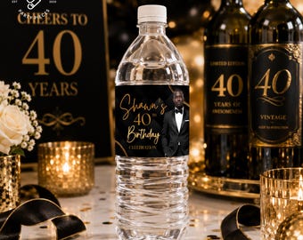 40th Birthday Water Bottle Label, Black Gold Editable Canva Template, M2