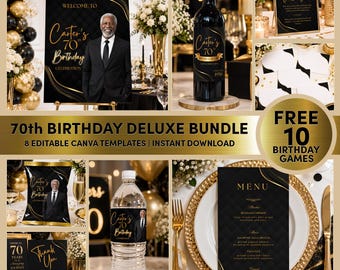 70th Birthday Party Bundle for Men, Black and Gold Editable Canva Templates M5