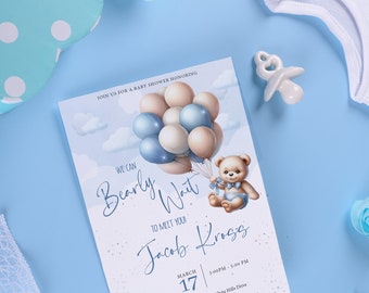 We Can Bearly Wait Baby Shower Invitation, Blue and Gray Invite, Baby Boy Baby Shower Invitation, Editable Template BSBB0324