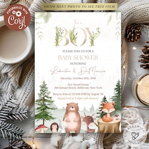 Woodland Baby Shower Invitation, Baby Shower Invite, Animal Baby Shower Invitation, Baby Shower Boy Invitation, Forest Animals Invite, BSB02