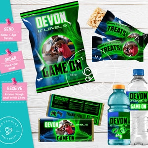 Feestbedankjes gamer, zakjes gamerchips, waterfles, label snoepreep, saplabel, op gamer geïnspireerde verjaardag, game on party, digitale feestlabels