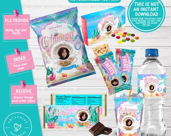 May include: A set of printable party favor labels featuring a mermaid theme with a pink, blue, and green color scheme. The labels include a mermaid tail, seashells, and a starfish. The text on the labels reads "Oliviana is turning 6".