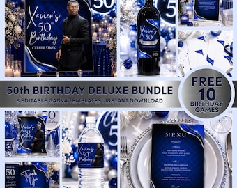 50th birthday favors for men, Edit in Canva, Silver and Blue Party Favors Printables, 50th Birthday Party Decors, Instant Download M3BS