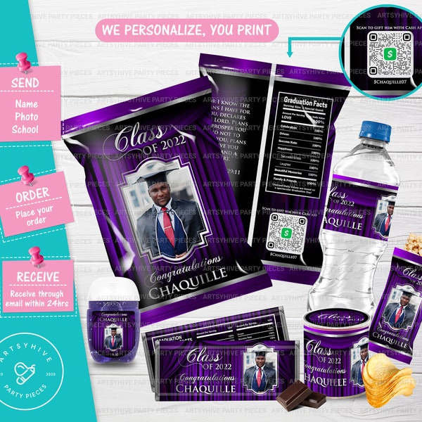 Personalized Purple, Silver and Black Graduation Party Favor Set, Digital Chip Bags, Candy Bar, Water bottle label, and more Class of 2023