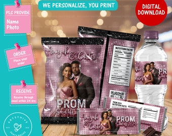 Prom 2024 Chip bag, Candy Bar Labels, Water Bottle Label, Digital Downloads, Pink and Black Color, Prom Send off 2024 PL-P&B