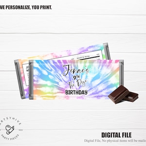 May include: Printable chocolate bar wrapper with a tie-dye pattern in pink, blue, and yellow. The wrapper says "Jenae's 9th Tie Dye Birthday".