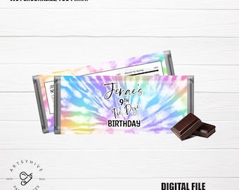 May include: Printable chocolate bar wrapper with a tie-dye pattern in pink, blue, and yellow. The wrapper says "Jenae's 9th Tie Dye Birthday".