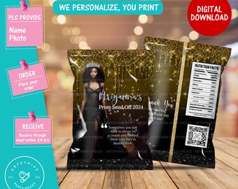 Prom Send off 2024 Chip bag, Glittery Black and Gold Color, Prom Send off 2024, Digital Downloads, PL-B&G