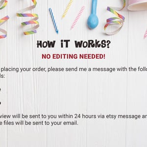 May include: A white wooden surface with party decorations, including pink polka dot party hats, colorful streamers, candles, and text that reads "HOW IT WORKS? NO EDITING NEEDED!" The text also includes instructions for ordering.