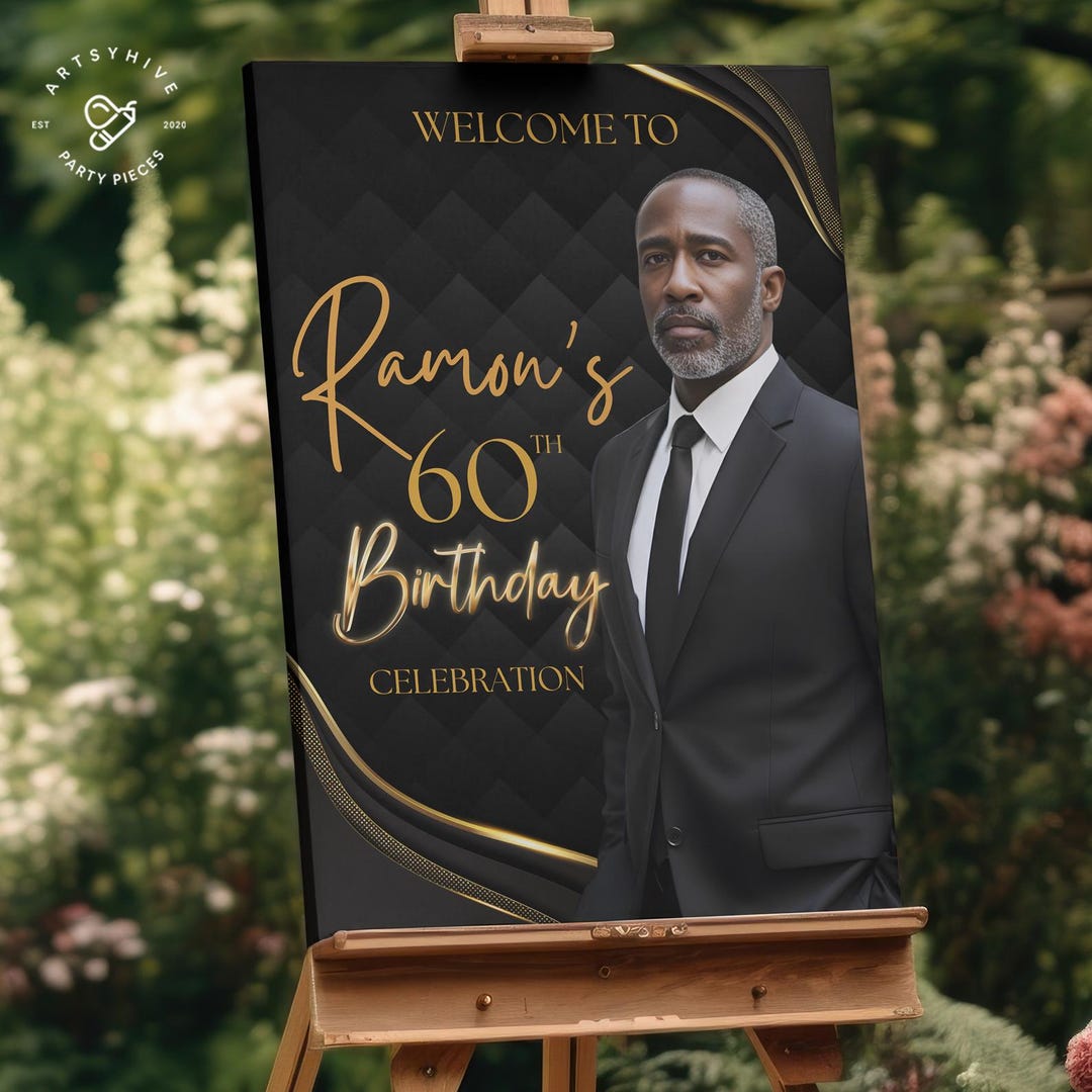 60th Sign Black & Gold 60th Birthday Welcome Sign Editable in Canva | Elegant ...
