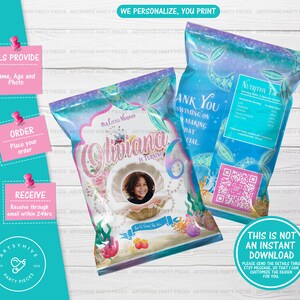 Mermaid chip bag, Under the sea birthday decor, Chip bag wrapper, Digital Party Printable, Girl birthday party, Digital Download