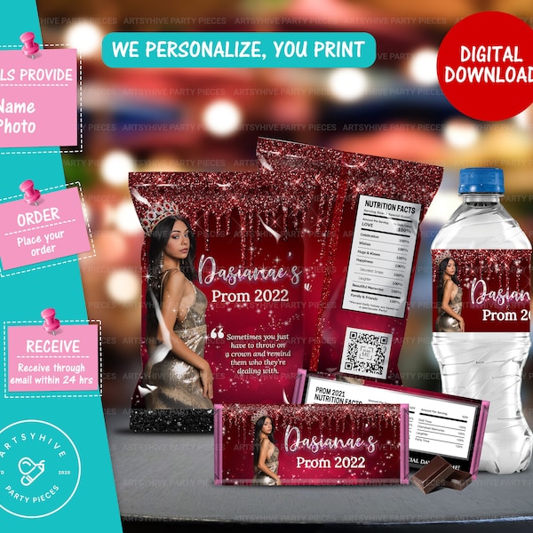 Prom Send Off 2024 Chip bag, Candy Bar Labels, Water Bottle Label, Red and Black Glitter, Digital Downloads PL-R&B