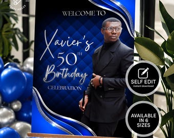 50th Birthday Welcome Sign for Men, Blue and Silver Editable Canva Template, M3BS