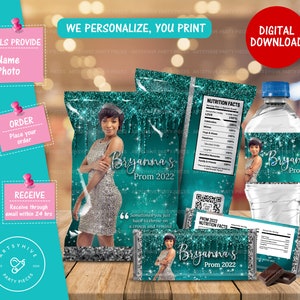 Prom 2024 Chip bag, Candy Bar Labels, Water Bottle Label, Digital Downloads, Turquoise and Silver Color, Prom Send off 2024,  PL-T&S