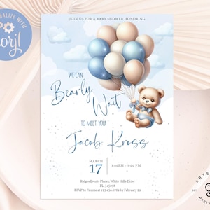 We Can Bearly Wait Baby Shower Invitation, Blue and Gray Invite, Baby Boy Baby Shower Invitation, Editable Template BS-BW01