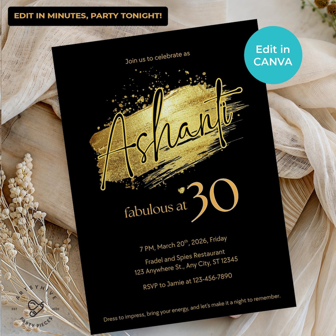 Editable 30th Birthday Invitation Gold and Black, Fabulous at 30 Invite ...