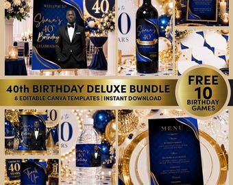 40th Birthday Party Favors for Men, Blue and Gold Editable Canva Templates + Free 10 Birthday Games, Instant Download M2BG