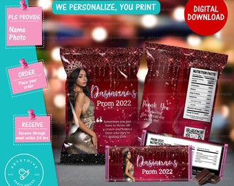 Prom Send Off 2024 Chip Bag Labels, Candy Bar Labels, Glittery Red and Black, Digital Download, PL-R&B