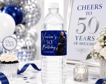 50th Birthday Water Bottle Label for Men, Blue and Silver Editable Canva Template M3BS
