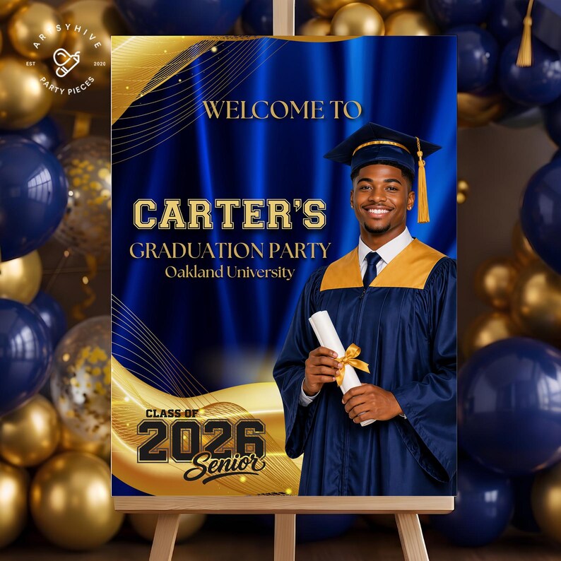 Blue Gold Graduation Welcome Sign Editable Canva Template, Senior ...