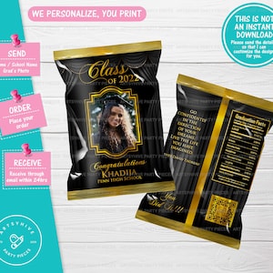 Graduation Chip Bags, Custom Graduation Chip bag, Black and Gold Chip bags, Digital Chip Bags, Graduation Party Favors, Class of 2025