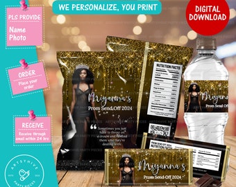 Prom 2024 Chip bag, Candy Bar Labels, Water Bottle Label, Digital Downloads, Glittery Black and Gold Color, Prom Send off 2024, PL-B&G