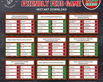 May include: A Christmas-themed game with red and green borders, featuring the text "Christmas Friendly Feud Game" and "100 Cards." The game includes various question cards, such as "Name a popular Christmas decoration around the house."