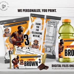 May include: A set of printable party favor labels featuring a basketball player in a tiger uniform. The labels are designed for a high school basketball team senior night and include the player's name, number, and the words "Senior Night Nutrition Facts". The labels are in orange, black, and white.