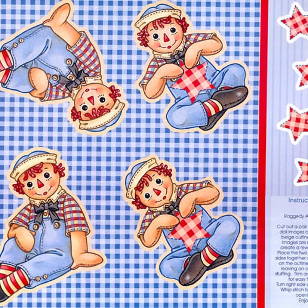 Pannello in tessuto artigianale da appendere alla parete con bambola di pezza Raggedy Ann e Andy