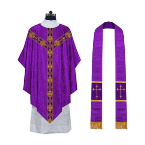 Traditional Pugin Style Chasuble Adorned with Braided Orphrey and Stole