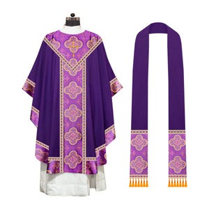 Traditional Gothic Chasuble Vestment Adorned with Spiritual Cross and matching stole