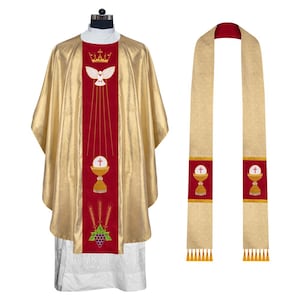 Intricate Gothic Chasuble Highlighting Crown, Holy Spirit, and Grapes
