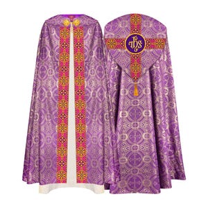 Priest Violet Gothic Style Cope Vestment with Ornate Orphrey and Spiritual Motif