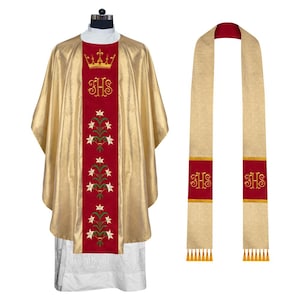 Elegant Gothic Chasuble Adorned with IHS, Crown, and Lilies