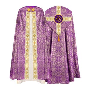 Violet Bishop Gothic Cope Vestment with Braided Orphrey and Spiritual IHS Motif