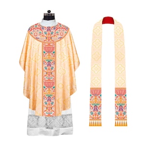 Traditional Gothic Chasuble Vestment Adorned with Spiritual Cross and matching stole